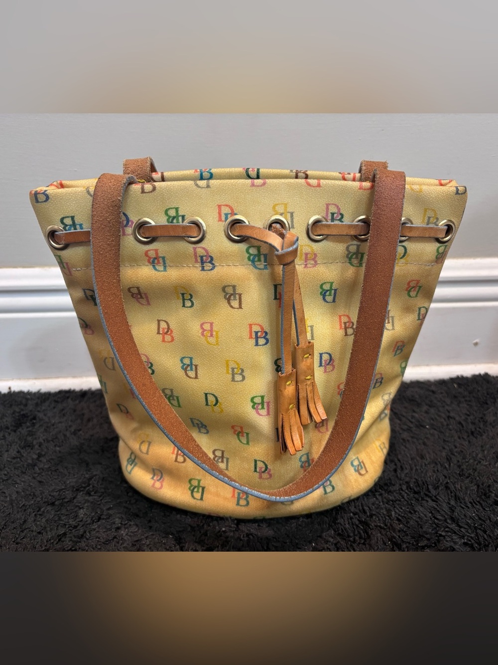 Vintage Y2K Dooney & Bourke Multicolor Rainbow Monogram Drawstring Bucket Bag.
